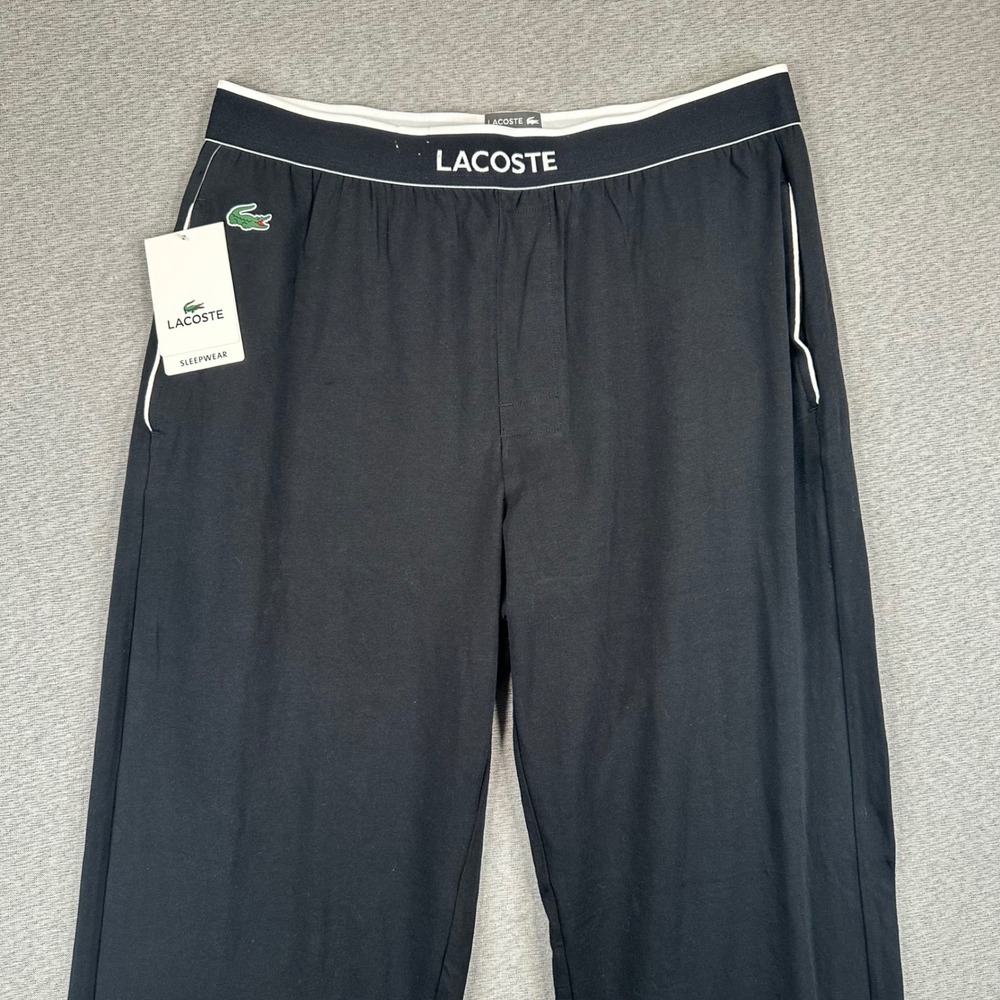 NEW Lacoste Sleepwear Pajama Pants Mens L Black Logo Waistband Straight Leg